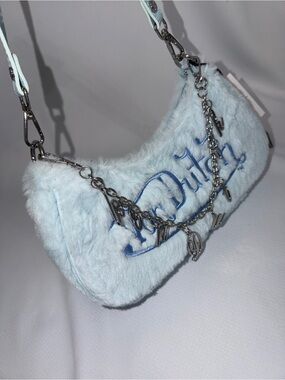 💙Von Dutch Light Blue💙Faux-Fur Shoulder Bag with Charm Chain